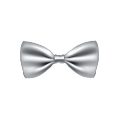 Gray bow tie from satin material. Elegant clothes accessory isolated on white background. Realistic formal wear for official event. Holiday decor from silk vector illustration.