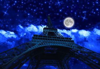 spooky full moon shining with dark Tour Eiffel at night with stars. Paris in France.