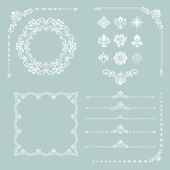 Vintage white set of horizontal, square and round elements. Different elements for design, frames, cards, menus, backgrounds and monograms. Classic patterns. Set of vintage patterns