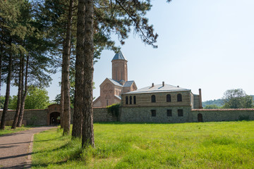 Telavi, Georgia - Jul 11 2018: Akhali Shuamta Monastery. a famous Historic site in Telavi, Kakheti, Georgia.