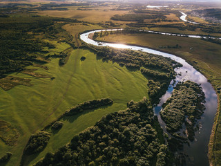 Drone view on river and forest in Russia