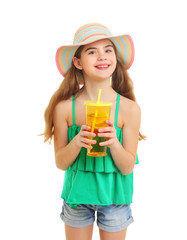 Bright summer portrait of a 10-year-old girl with lemonade in a hat