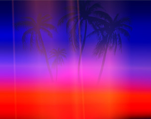 Fototapeta na wymiar Blue and red abstract neon spectrum background with palm trees, vaporwave style.
