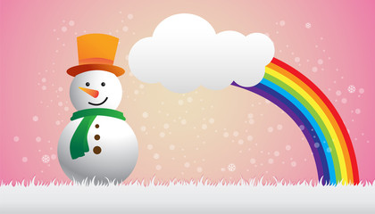 Snowman vector illustration, rainbow and clouds in the sky
