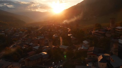 Sunrise over picturesque townlet of Mestia. Highlands of Georgia