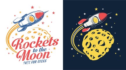 Raketenmond fliegen - Retro-Logo-Vektor-Illustration. Stempeldruckstil. Grunge beunruhigte Textur auf einer separaten Ebene. © Agor2012