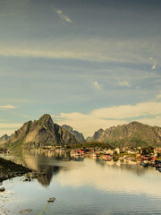 Fjord and mountains landscape. Lofoten islands Norway