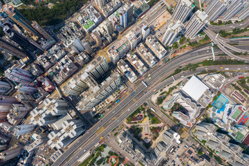 Drone fly over Hong Kong city