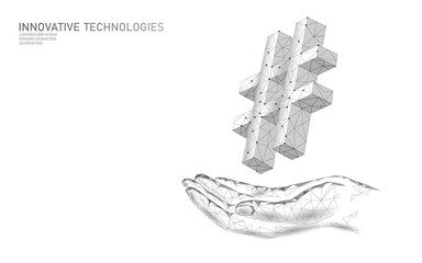 3D hashtag symbol white neutral low poly. Communication online social media share search posts. Information innovation web technology on hand vector illustration