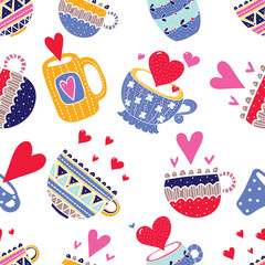 Colorful cups. Vector seamless pattern.