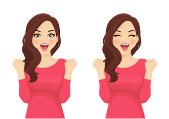 Portrait of happy beatiful wave hairstyle woman celebrating success isolated vector illustration