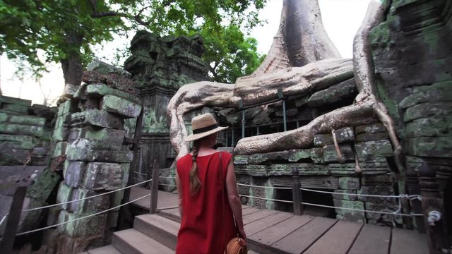 Slim woman in red dress is walking in ancient Ta Prohm temple and enjoying the view of amazing huge banyan tree. Angkor Wat complex, Cambodia