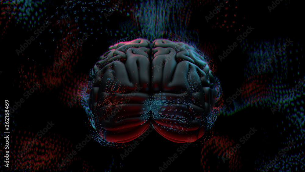 Poster 3d render abstract background with brain surrounded with polygonal structures. complex mind concept.