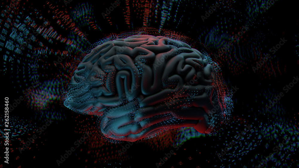 Poster 3d render abstract background with brain surrounded with polygonal structures. complex mind concept.