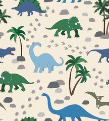 Seamless repeat pattern with a dinosaur scene, palms, rocks and dino tracks