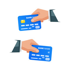 Hands holding bank cards. Isolated businessman holding credit card. Hand with NFC payment credit card. Bank card with contactless payment technology.