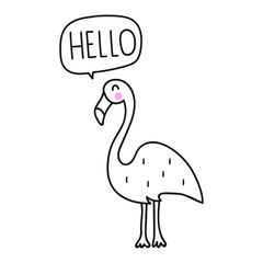 Flamingo say hello. Hand drawn vector icon illustration design in scandinavian, nordic style. Best for nursery, childish textile, apparel, poster, postcard.