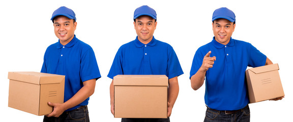 Young asian delivery man in blue uniform with parcel cardboard box on isolated