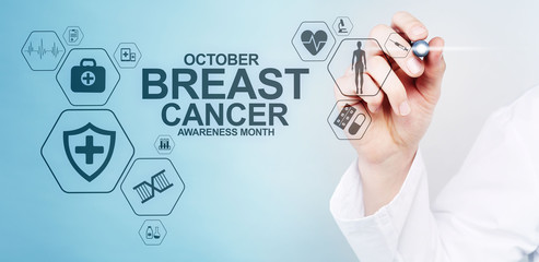 Breast cancer awareness month october. Medical and healthcare concept on screen.