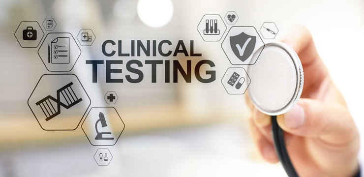 Clinical testing research, Pharmacy and Medicine concept on screen.