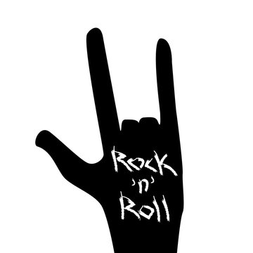 Silhouette of hand showing a rock sign and text of rock-n-roll. Vector illustration.