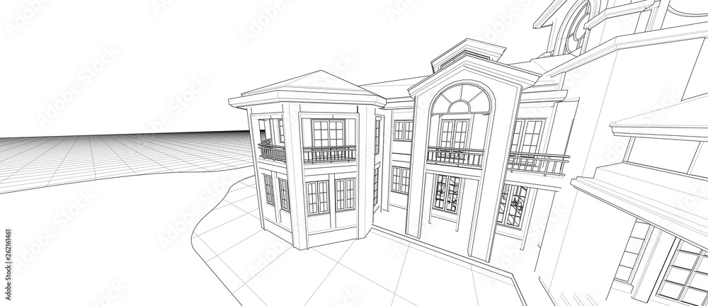 Poster architecture exterior facade design concept 3d perspective wire frame rendering isolated white backg