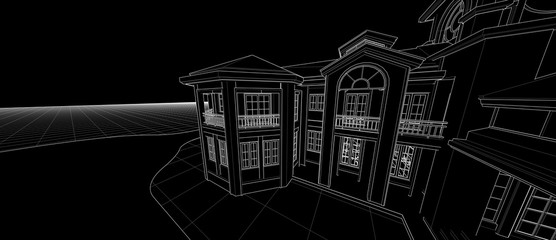 Architecture design exterior facade concept 3d perspective wire frame rendering black background