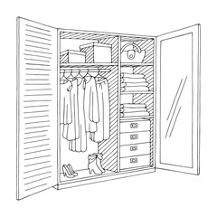 Wardrobe open doors graphic black white isolated sketch illustration vector