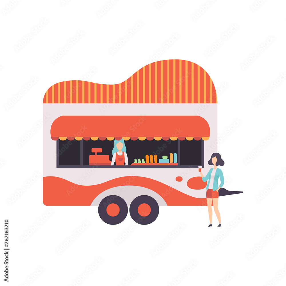 Wall mural fast food trailer with seller, street food transport, mobile shop vector illustration