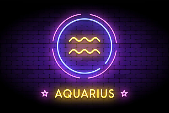 The Aquarius zodiac symbol, horoscope sign in trendy neon style on a wall. Aquarius astrology sign with light effects for web or print.