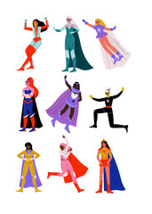 Beautiful Young Women in Bright Superhero Costumes with Capes Set, Super Girls Characters in Different Poses Vector Illustration