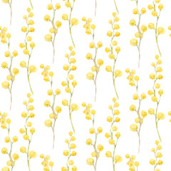 Seamless watercolor pattern with sprigs of mimosa. Spring floral background. Hand-drawn watercolor illustration.