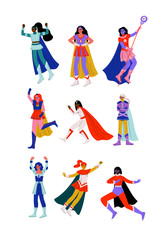 Young Women in Superhero Costumes and Capes Set, Beautiful Super Girls Characters in Different Poses Vector Illustration