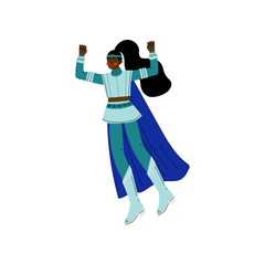 Young African American Woman in Blue Superhero Costume and Cape, Super Girl Character Vector Illustration