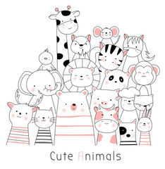 Cute baby animals cartoon hand drawn style,for printing,card, t shirt,banner,product.vector illustration