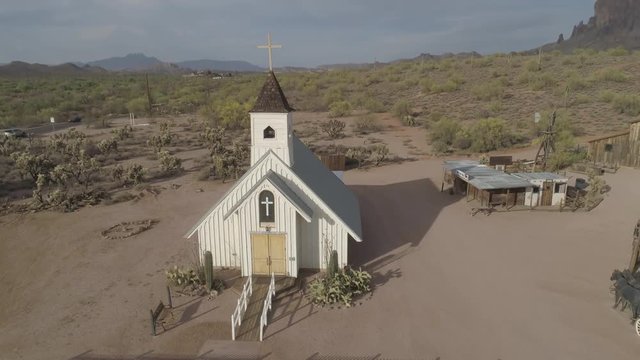 AERIAL - Old White Chapel in the Desert