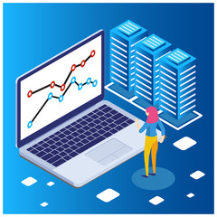 The concept of business strategy. Data charts or financial diagrams, statistical data information. Illustration of laptop isometric and infographics. - Illustration - Vector