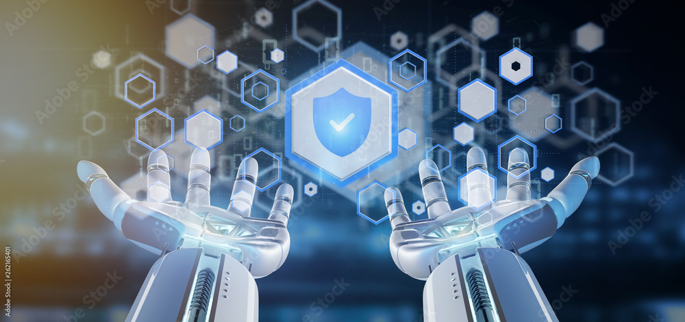 Poster cyborg hand holding a shield web security concept 3d rendering