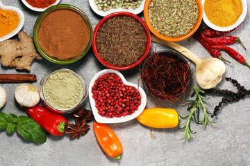 Spices and herbs on table. Food and cuisine ingredients.