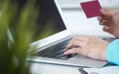 Female office worker hands holding credit card, typing on the keyboard of laptop, online shopping detail close up.