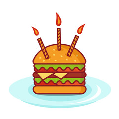 Birthday burger with candles, burger vector Illustration on white background simple element illustration, burger greeting card for birthday