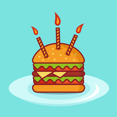 Birthday burger with candles, burger vector Illustration on white background simple element illustration, burger greeting card for birthday