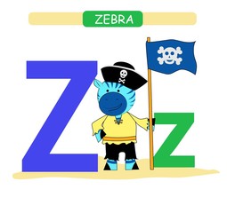 Letter Z and funny cartoon zebra.  Animals alphabet a-z. Cute zoo alphabet in vector for kids learning English vocabulary. Printable sheet.