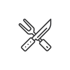 BBQ fork and knife line icon. linear style sign for mobile concept and web design. Crossed barbeque tools outline vector icon. Symbol, logo illustration. Pixel perfect vector graphics