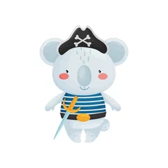 Fotobehang Piraten Koala-piraatkarakter in een tekenfilmstijl, in een blauw wit vest, zwarte piratenhoed met een mes aan een riem.
