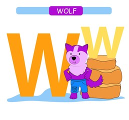 Letter W and funny cartoon wolf.  Animals alphabet a-z. Cute zoo alphabet in vector for kids learning English vocabulary. Printable sheet.