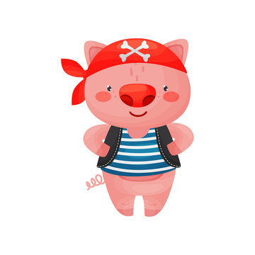 Pig pirate character in cartoon style in a blue white vest and red bandana.