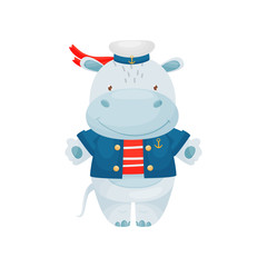 Hippo sailor character in a cartoon style, in a red-white vest, peakless cap, blue jacket with gold buttons and a badge.