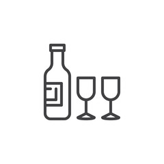 Bottle of wine and glasses line icon. linear style sign for mobile concept and web design. Wine glasses and alcohol drink bottle outline vector icon. Symbol, logo illustration. Pixel perfect vector 