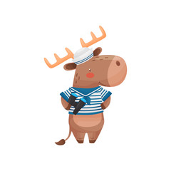 Deer sailor character in cartoon style, in a blue white vest, visor with binoculars in hand.